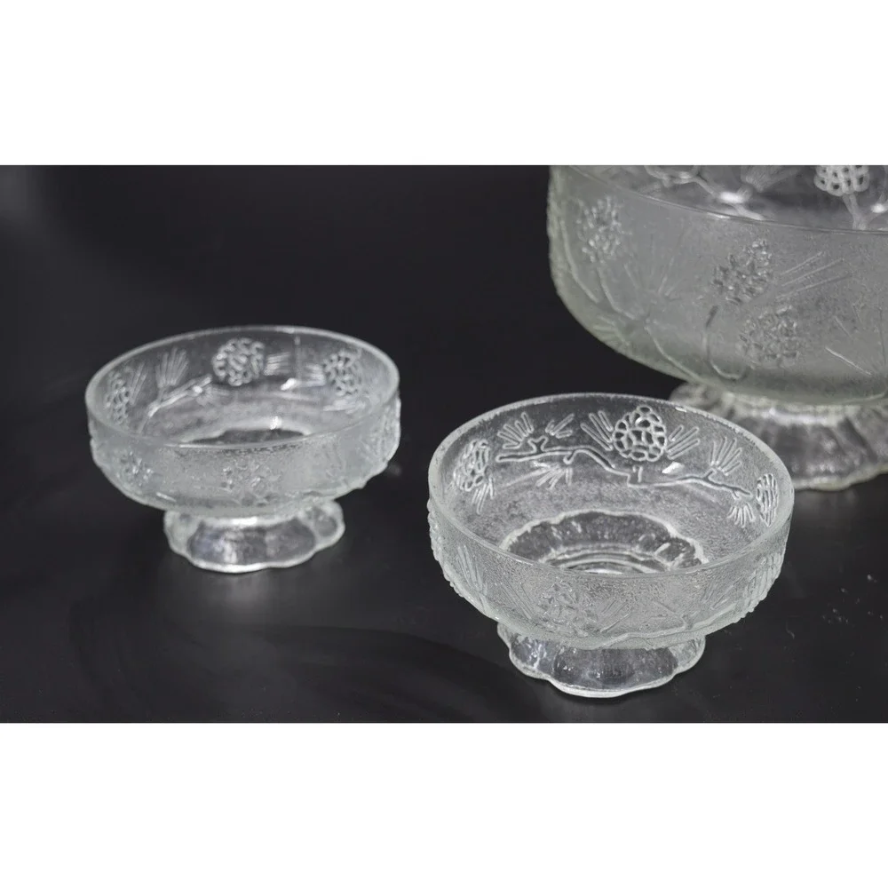 Vintage Pinecone Textured Glass Pedestal Bowl and 4 Serving Cups Set Clear Good